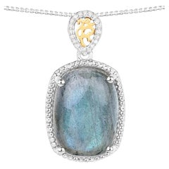 Pendentif en labradorite serti de diamants, 11 carats, argent massif