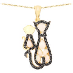 Pendentif en forme de chat en opale d'Éthiopie avec spinelle noir, 1,82 carats, argent plaqué or