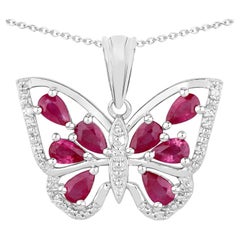 Ruby Butterfly Pendant With White Zircon 2.03 Carats Sterling Silver