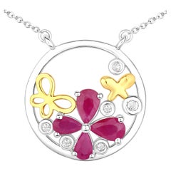 Ruby Butterfly Pendant With White Topaz 1.38 Carats Sterling Silver