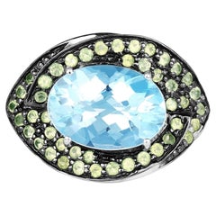 Blue Topaz Ring With Peridot 7.76 Carats Sterling Silver