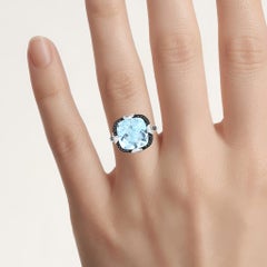 Swiss Blue Topaz Ring With Multicolor Diamonds 8.24 Carats Sterling Silver
