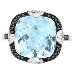 Anello con topazio blu svizzero e diamanti multicolori, 8,24 carati, argento sterling