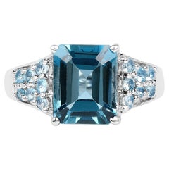 London Blue Topaz Ring With Swiss Blue Topaz 4.36 Carats Sterling Silver