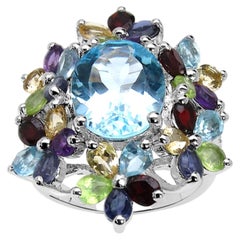 Bague en argent sterling sertie d'un mélange de pierres précieuses naturelles, 10.2 carats