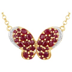 Ruby Butterfly Pendant With White Zircon 4.08 Carats Gold Plated Silver