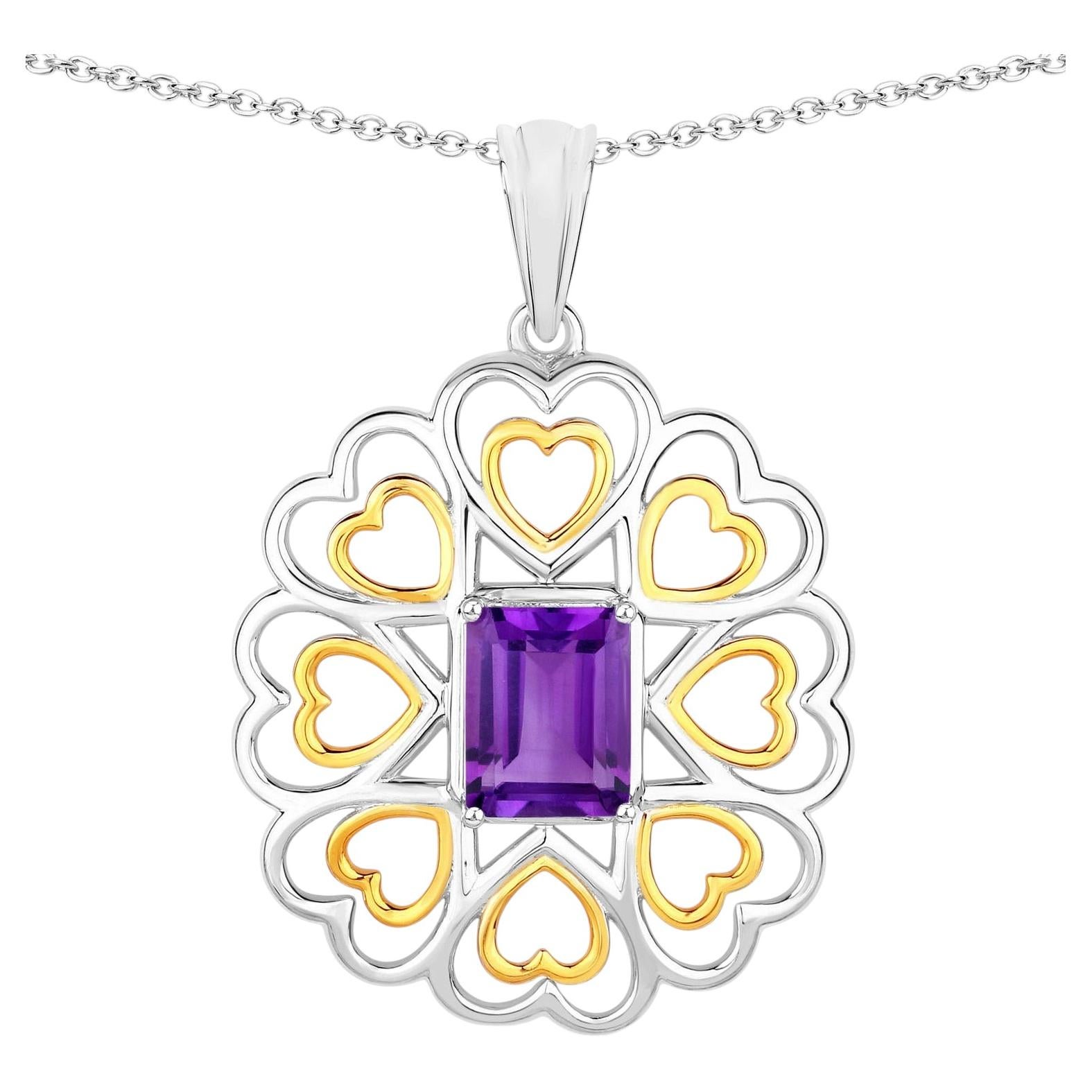 Amethyst Flower Pendant 2.08 Carats Gold Plated Silver