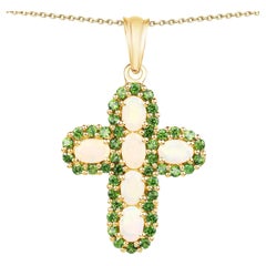 Ethiopian Opal Cross Pendant With Chrome Diopside 3.08 Carats Gold Plated Silver