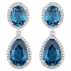 London Blue Topaz Earrings Diamond Setting 11.45 Carats Total
