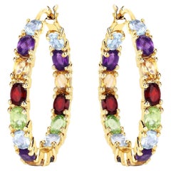 Multicolor Gemstones Hoop Earrings 5.4 Carats 14K Yellow Gold Plated Silver