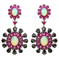 Ethiopian Opal Dangle Earrings Rhodolite and Black Spinel 29 Carats
