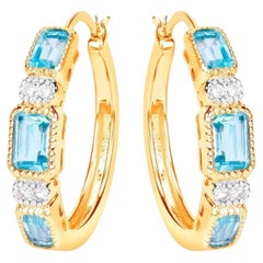 Blue Topaz Hoop Earrings 2.65 Carats Gold Plated Silver