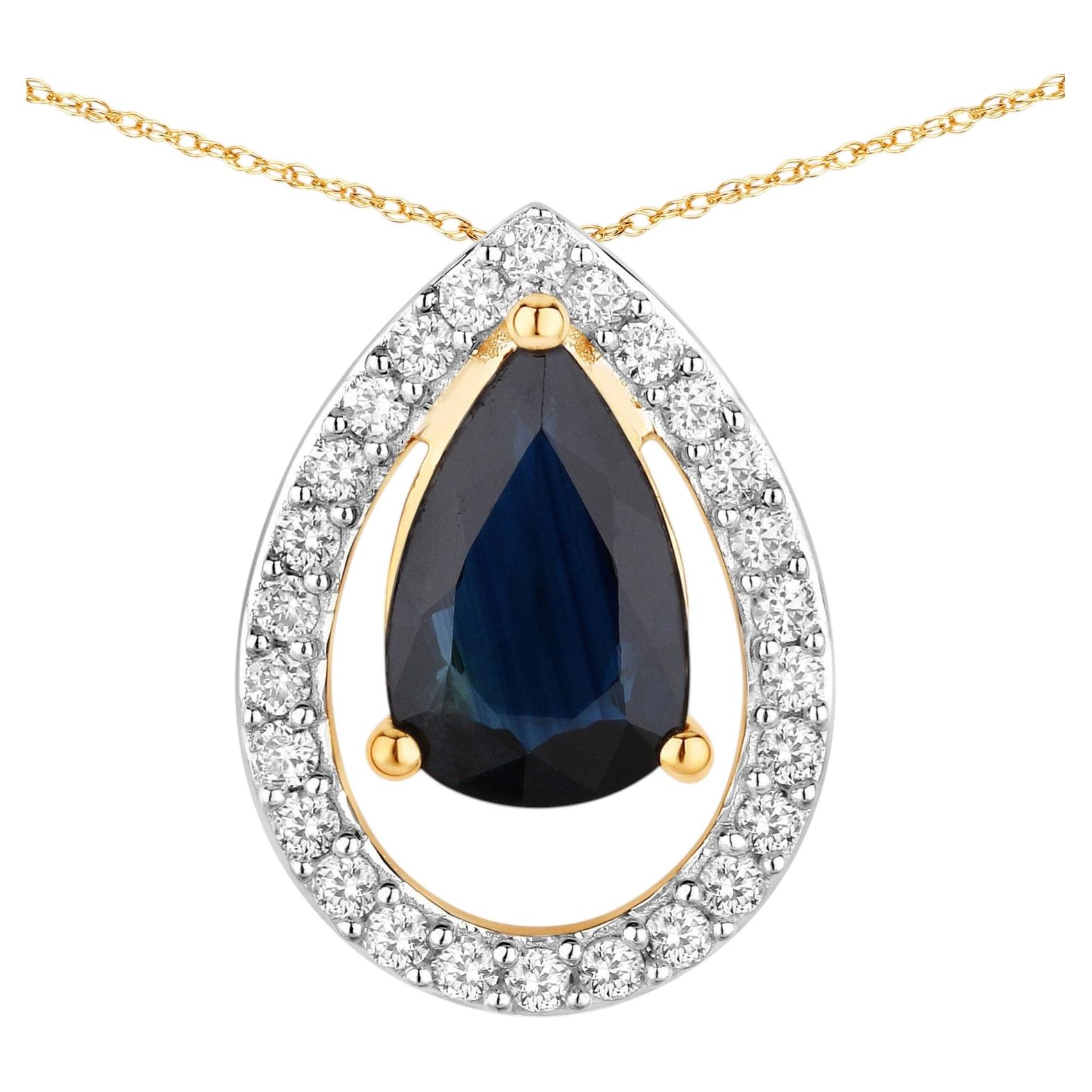 Blue Sapphire Pendant With Diamonds 1.12 Carats 14K Yellow Gold