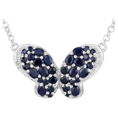 Blue Sapphire Butterfly Pendant With White Zircon 3.76 Carats Sterling Silver