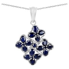 Blue Sapphire Flower Pendant 3.62 Carats Sterling Silver
