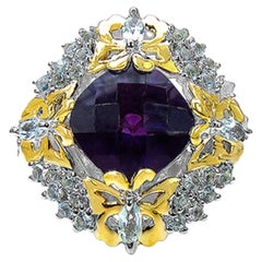 Amethyst Butterfly Ring With Blue Topaz and Diamonds 3.85 Carats Sterling Silver