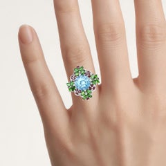Blue Topaz Flower Ring Chrome Diopside and Garnet 5.7 Carats Sterling Silver