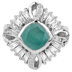Emerald Ring With White Topaz and Diamonds 2.53 Carats Sterling Silver