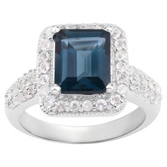 London Blue Topaz Ring With White Topaz 4.98 Carats Sterling Silver