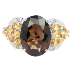 Smoky Quartz Ring With Citrine and White Topaz 9.7 Carats Sterling Silver