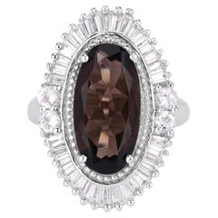 Smoky Quartz Ring With White Topaz 8.04 Carats Sterling Silver