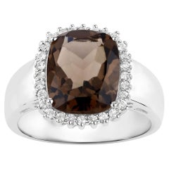 Smoky Quartz Ring With White Topaz 4.02 Carats Sterling Silver