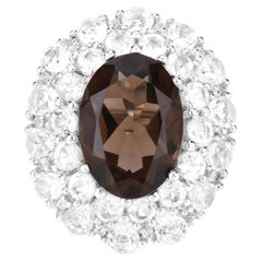 Smoky Quartz Ring With White Topaz 9.22 Carats Sterling Silver