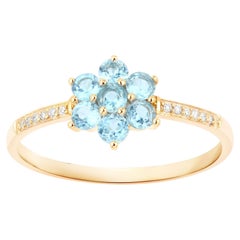Swiss Blue Topaz Flower Ring Diamonds 0.54 Carats 10K Yellow Gold