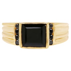 Black Onyx Ring With Black Diamonds 2.12 Carats Gold Plated Silver