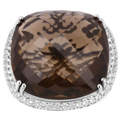 Smoky Quartz Ring With White Topaz 52.9 Carats Sterling Silver