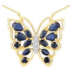 Blue Sapphire Butterfly Necklace White Zircon 2.86 Carats Gold Plated Silver