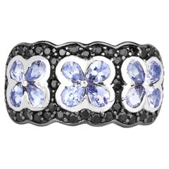 Tanzanite Flower Ring Black Spinel 2.56 Carats Gold Plated Silver
