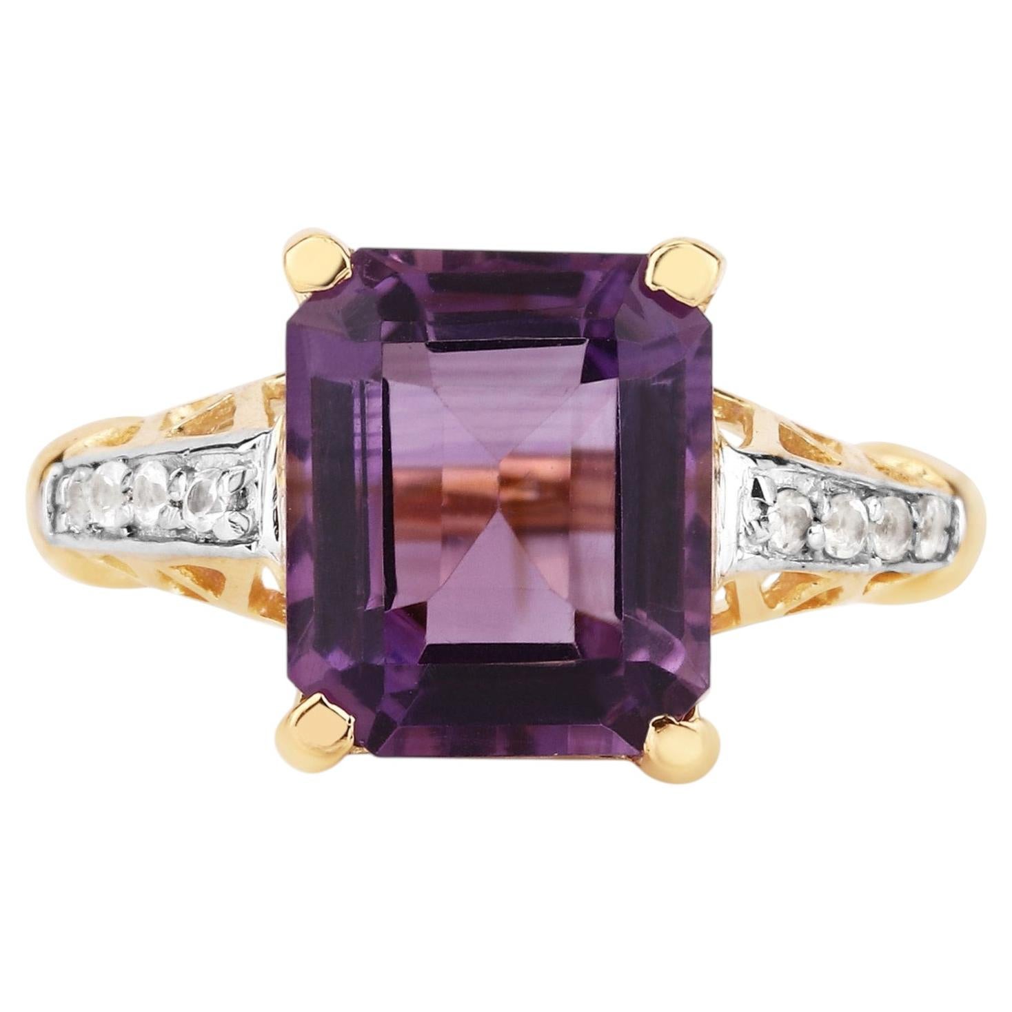 Amethyst Ring With White Topaz 4.8 Carats Gold Plated Silver
