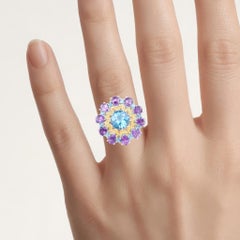 London Blue Topaz Flower Ring Amethyst 8.8 Carats Gold Plated Silver