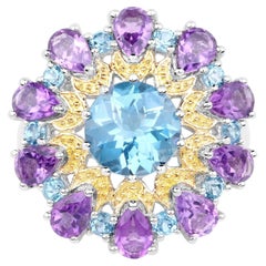 London Blue Topaz Flower Ring Amethyst 8.8 Carats Gold Plated Silver