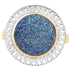 Cobalt Blue Drusy Quartz Flower Ring 4.88 Carats Gold Plated Silver
