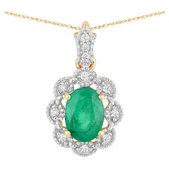 Zambian Emerald Flower Pendant Diamonds 0.76 Carats 10K Yellow Gold
