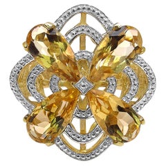 Citrine Flower Ring With Diamonds 8.79 Carats Gold Plated Silver