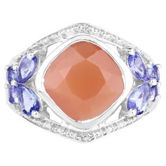 Peach Moonstone Ring With Tanzanite 4.62 Carats Sterling Silver