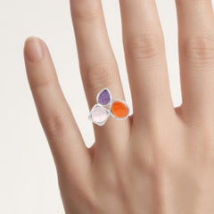Anillo de cornalina con cuarzo rosa y charoita, 5,16 quilates, plata de ley