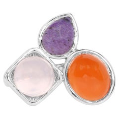 Anillo de cornalina con cuarzo rosa y charoita, 5,16 quilates, plata de ley