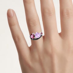Rhodolite Garnet Heart Ring Amethyst and Black Spinel 4 Carats Sterling Silver