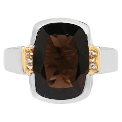 Smoky Quartz Ring With White Topaz 5.48 Carats Gold Plated Silver