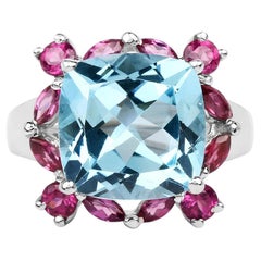 Blue Topaz Ring With Rhodolite Garnet 8.14 Carats Sterling Silver