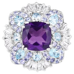 Amethyst Ring With Multicolor Topaz and Tanzanite 8.28 Carats Sterling Silver