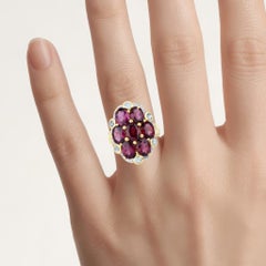 Rhodolite Garnet Flower Ring With Blue Topaz 11.1 Carats Gold Plated Silver