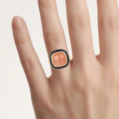 Peach Moonstone Ring With Black Spinel 7.54 Carats Gold Plated Silver