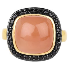 Peach Moonstone Ring With Black Spinel 7.54 Carats Gold Plated Silver