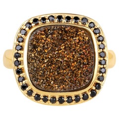 Drusy Quartz Ring With Black Spinel 6.16 Carats Gold Plated Silver