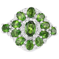 Chrome Diopside Flower Ring With White Zircon 2.7 Carats Sterling Silver
